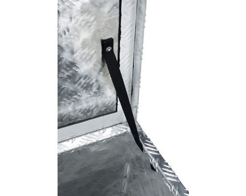 Detailansicht einer Werkzeugkiste mit geöffnetem Deckel und Halteband