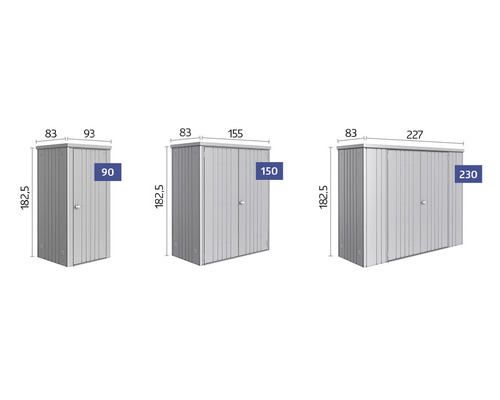 Illustration de différents abris de jardin avec des dimensions de 90, 150 et 230 centimètres de large
