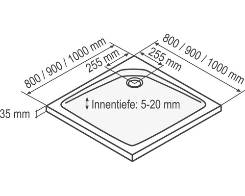Schéma technique d''un receveur de douche avec indications de dimensions