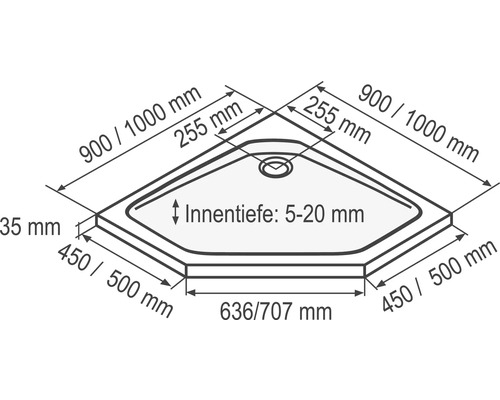 Technische Zeichnung einer Duschwanne mit Maßangaben