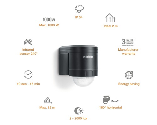 Steinel Bewegungsmelder mit maximal 1000 Watt Leistung, IP54 Schutzart, 240 Grad Infrarotsensor, 10 Sekunden bis 15 Minuten einstellbar und maximal 12 Meter Reichweite. Herstellergarantie.