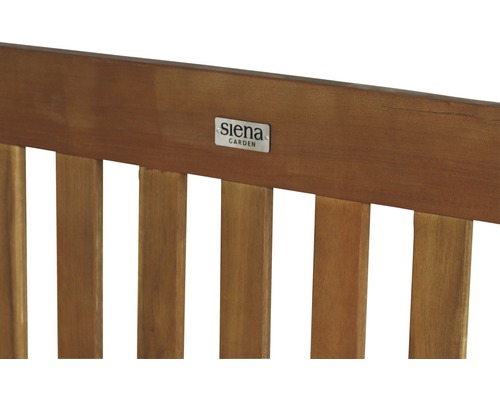 Gros plan d''un meuble de jardin en bois avec le logo Siena Garden.