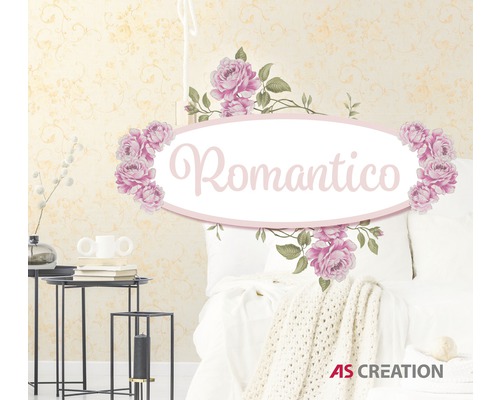 Romantisches Schlafzimmer mit Rosenmuster und A.S. Creation Logo