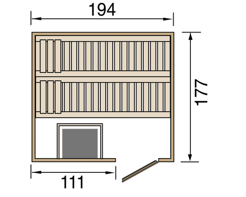 Grundriss einer Sauna mit Maßangaben