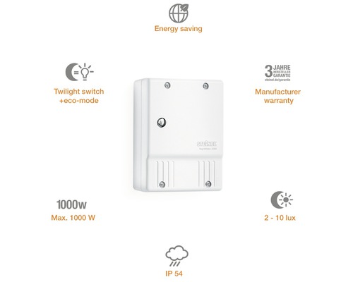 Steinelschalter mit Dämmerungsschalter, Eco-Modus, Energiesparfunktion, Herstellergarantie und IP 54