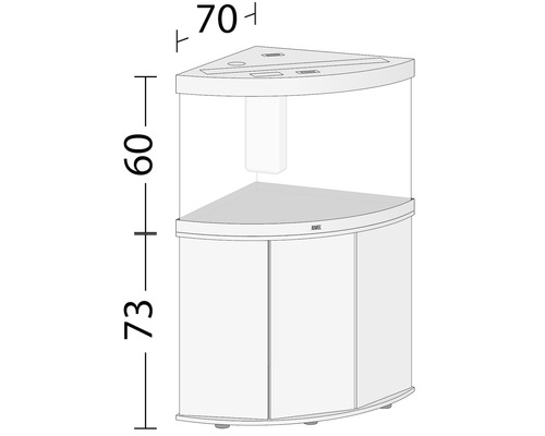 Eckaquarium mit Unterschrank und Maßangaben