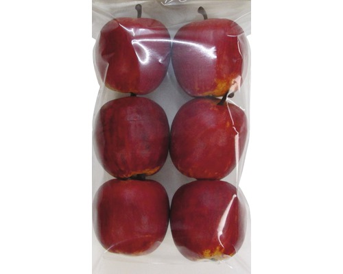 Six pommes artificielles rouges dans un emballage