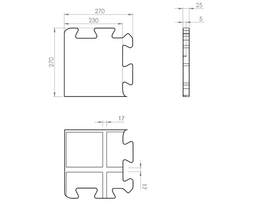 Technische Zeichnung einer Puzzleschaummatte mit Massangaben