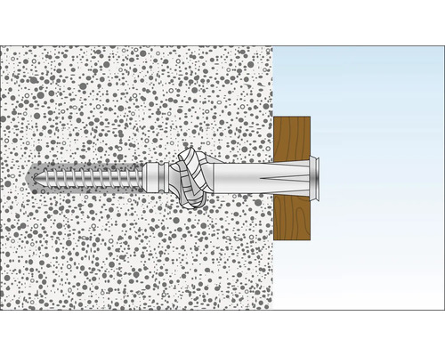 Illustration einer Schraube mit Dübel in einer Wand mit einem Holzbrett.