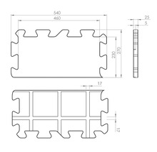 Technische Zeichnung einer Puzzleteppichfliese mit Maßangaben