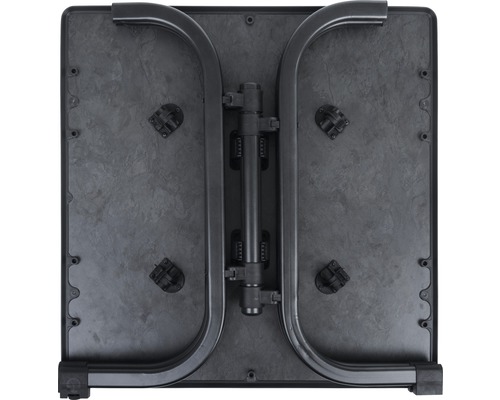 Unterseite eines Klapptisches mit Rahmen und Verriegelungsmechanismus