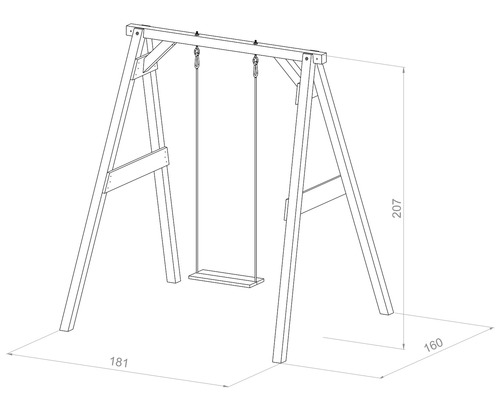 Illustration d''une balançoire en bois avec les dimensions 207 x 181 x 160 cm.