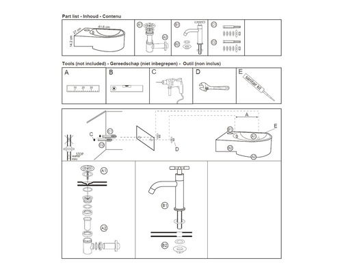Installationsanleitung für ein Waschbecken mit Armatur, inklusive Teileliste und benötigtem Werkzeug