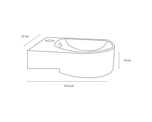 Skizze eines Waschtischs mit den Maßen 41,5 cm Länge, 27 cm Breite und 14 cm Höhe