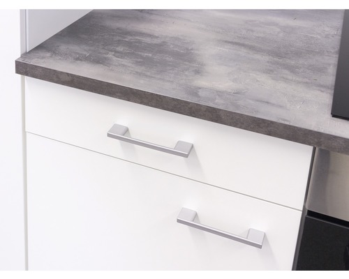 Küchenunterschrank mit grauer Arbeitsplatte und Schubladen