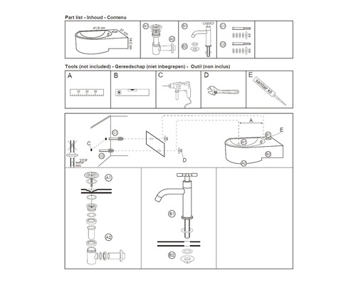 Abbildung einer Teileliste und Werkzeuge für Sanitärinstallationen