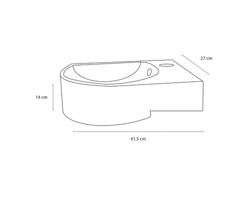 Zeichnung eines Waschbeckens mit den Maßen 41,5 cm Breite, 27 cm Tiefe und 14 cm Höhe.