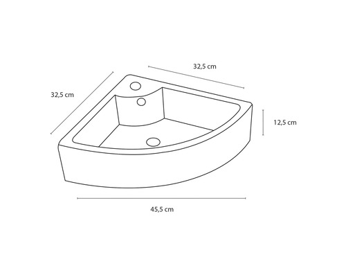 Technische Zeichnung eines Eckwaschbeckens mit Maßangaben