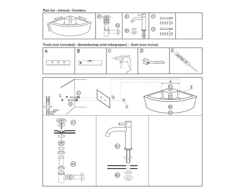 Installationsanleitung für ein Eckwaschbecken mit Teilen, Werkzeugen und Montageschritten