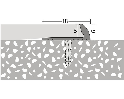 Skizze eines Übergangsprofils mit den Maßen 18, 5 und 9 Millimeter, befestigt mit einem Dübel.