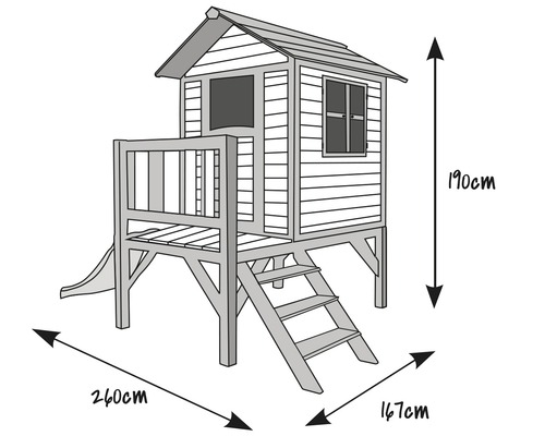 Cabane de jeu avec toboggan, escalier et dimensions de 190 cm de hauteur, 260 cm de largeur et 167 cm de profondeur.