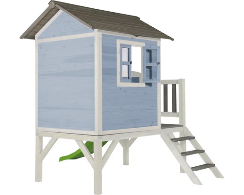 Cabane de jeux en bois bleue avec toboggan et échelle