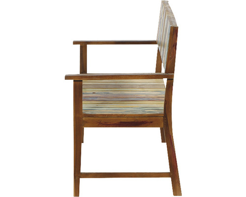 Holzbank mit Armlehne in Seitenansicht