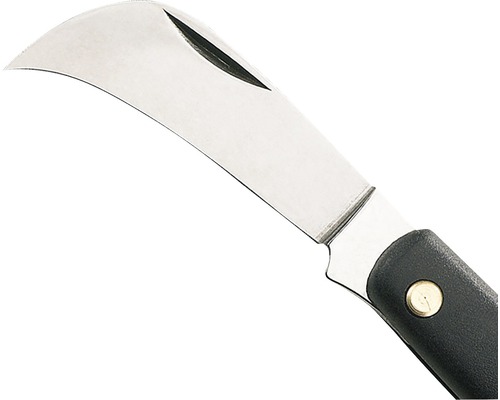 Okuliermesser mit gebogener Klinge und schwarzem Griff