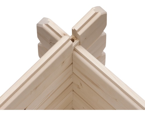 Eckdetail eines Holzhauses mit Nut- und Federverbindung