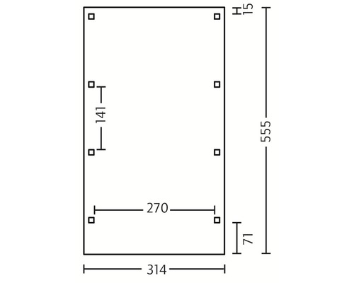 Technische Zeichnung mit Maßangaben für eine Platte: Höhe 555 mm, Breite 314 mm