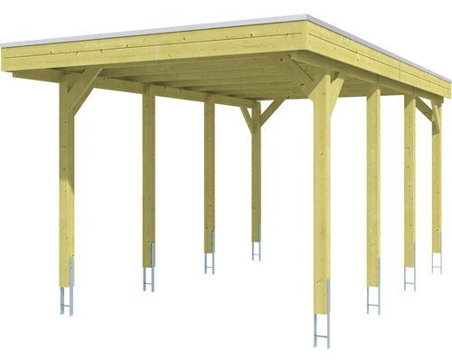Carport en bois avec toit plat et ancrages de poteaux métalliques