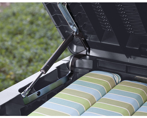 Detailansicht einer geöffneten Gartenbox mit Gasdruckfeder und Auflagen