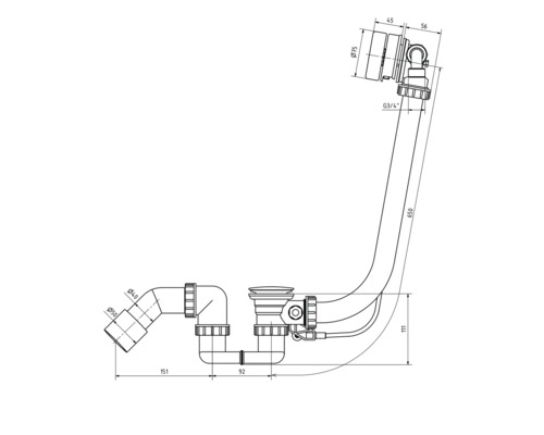 Dessin technique d''un siphon avec dimensions