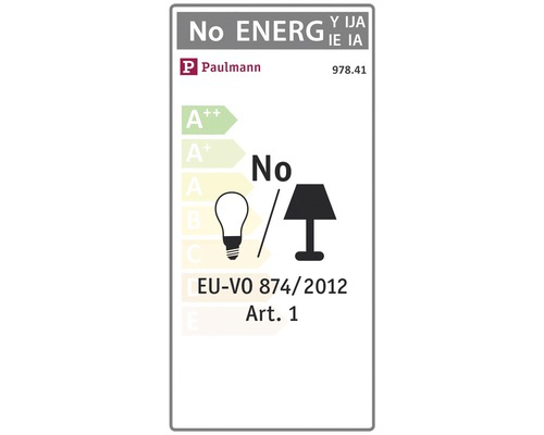 Paulmann Logo. Energieeffizienzlabel mit den Angaben: Kein Energieverbrauch, EU-VO 874/2012, Artikel 1.
