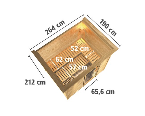 Vue de dessus d''un sauna avec des mesures de la longueur, de la largeur et de la profondeur du siège