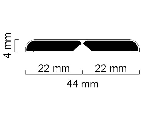 Skizze eines Abschlussprofils mit den Maßen 4 Millimeter Höhe und 44 Millimeter Breite