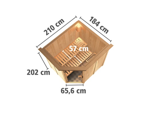 Draufsicht einer Ecksauna mit den Maßen 210 cm mal 184 cm, Tiefe 202 cm, Türbreite 65,6 cm und Sitzbreite 57 cm.