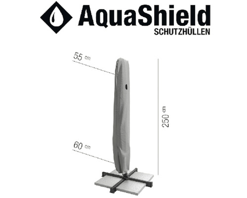 AquaShield Logo. Schutzhülle für einen Sonnenschirm mit den Maßen 55 cm mal 60 cm mal 250 cm.