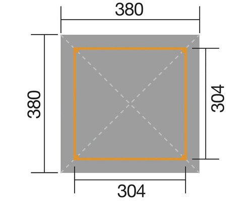Schéma carré avec dimensions 380 sur 380 millimètres et 304 sur 304 millimètres