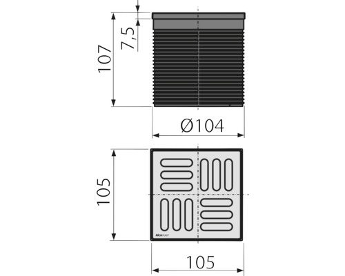 Technische Zeichnung eines Ablaufs mit den Maßen 105 x 105 Millimeter und einem Durchmesser von 104 Millimeter