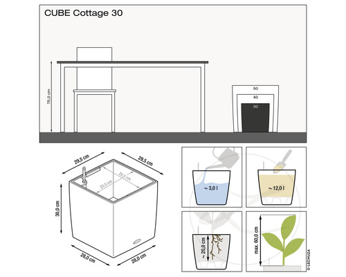 Dessin technique du pot pour plantes Cube Cottage 30 avec indications de dimension