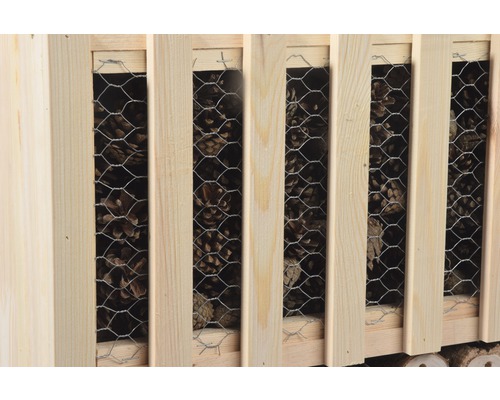 Gros plan d''un hôtel à insectes avec des pommes de pin et du grillage