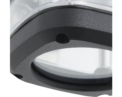 Detailaufnahme einer Leuchte mit schwarzem Gehäuse und durchsichtigem Glas