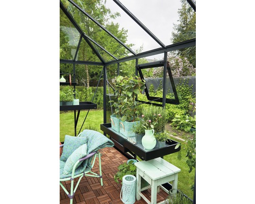 Gewächshaus mit Pflanzen, Stuhl und Regalen im Garten.