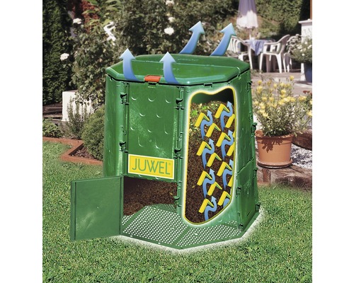 Composteur dans le jardin avec porte ouverte et illustration de la ventilation.