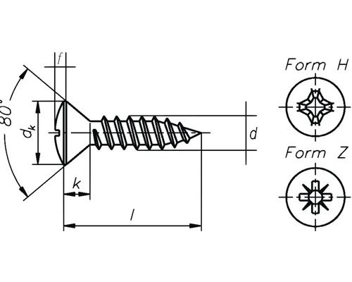 Dessin technique d''une vis à tête fraisée avec dimensions et formes de tête
