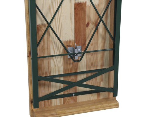 Unterseite einer Festzeltgarnitur mit Metallgestell und Holzplatte.