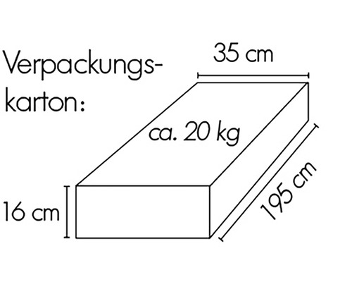 Verpackungskarton mit Massangaben: 16 cm hoch, 35 cm breit, 195 cm lang, circa 20 Kilogramm schwer