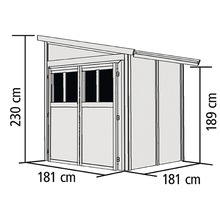 Illustration d''une remise avec dimensions : hauteur 230 cm, hauteur latérale 189 cm, largeur et profondeur de 181 cm chacune.