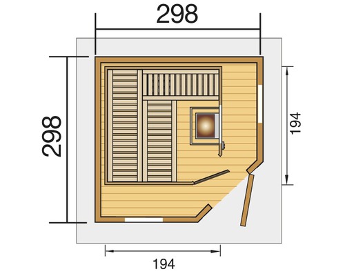 Draufsicht der Sauna mit Massangaben zu Länge und Breite